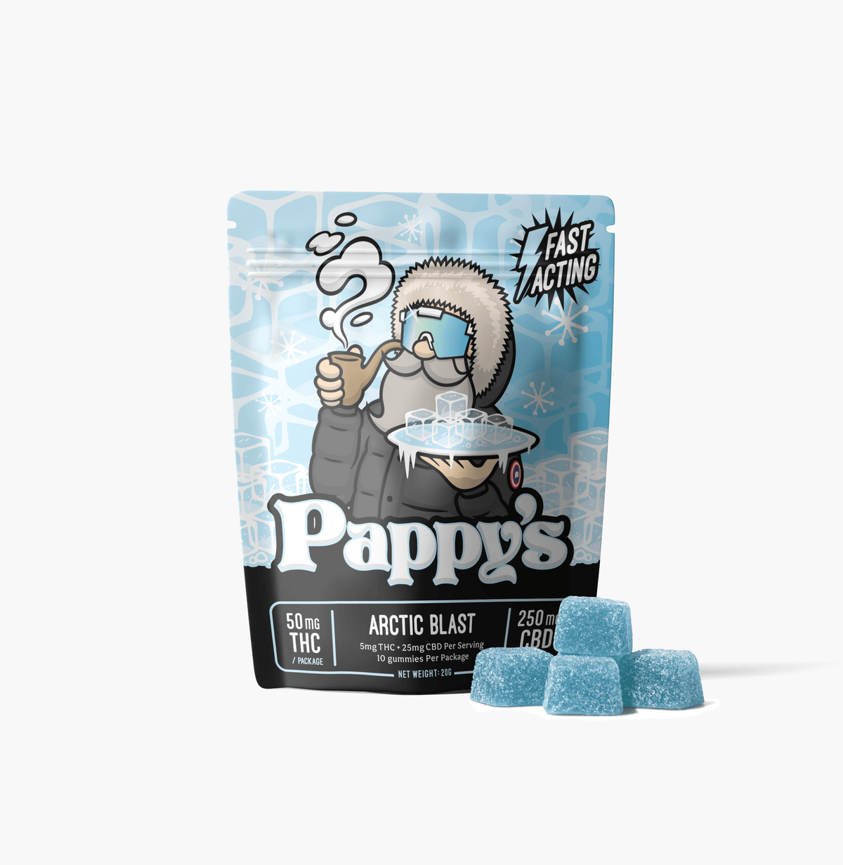 Pappy’s Arctic Blast THC gummy bag with blue gummies displayed in front