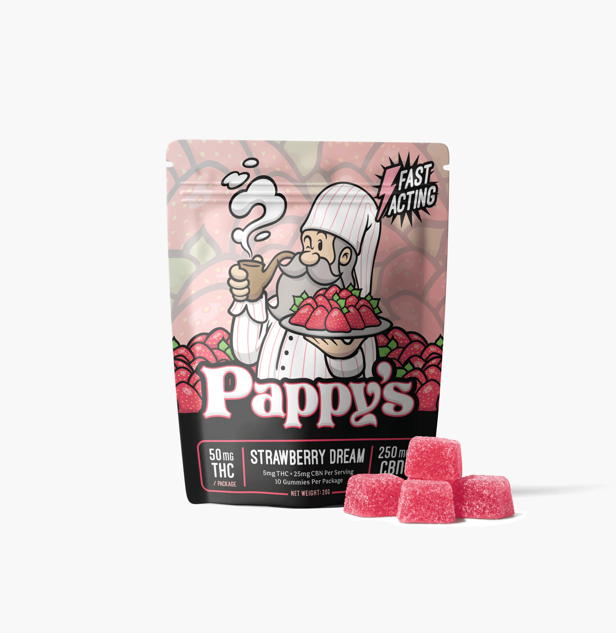 Pappy’s Strawberry Dream THC gummy bag with pink gummies displayed in front