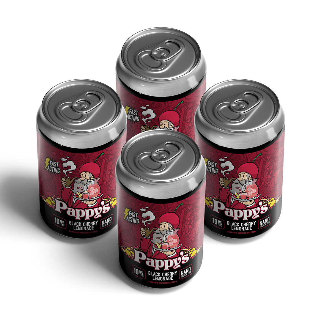 Four cans of Pappy's Black Cherry Lemonade Seltzer on a white background