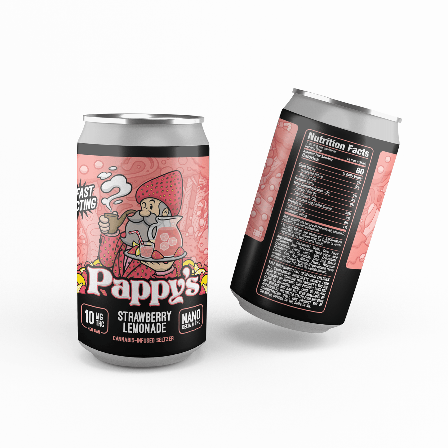 Pappy's Strawberry Lemonade Seltzer can with front and back views on a white background