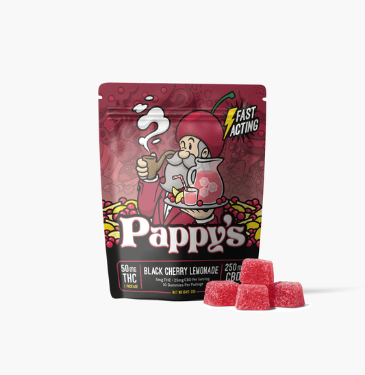 Pappy’s Black Cherry Lemonade THC gummy bag with red gummies displayed in front