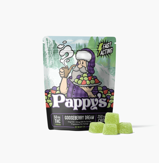 Pappy’s Gooseberry Dream THC gummy bag with green gummies displayed in front