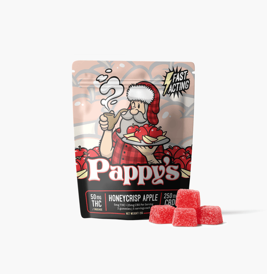 Pappy’s Honeycrisp Apple THC gummy bag with red gummies displayed in front