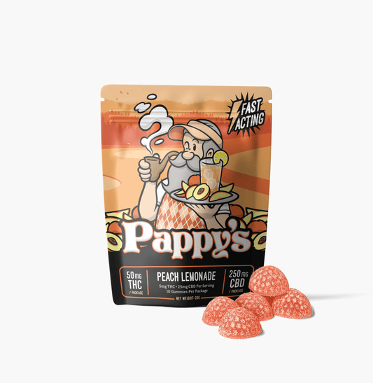 Pappy’s Peach Lemonade THC gummy bag with peach-colored gummies displayed in front