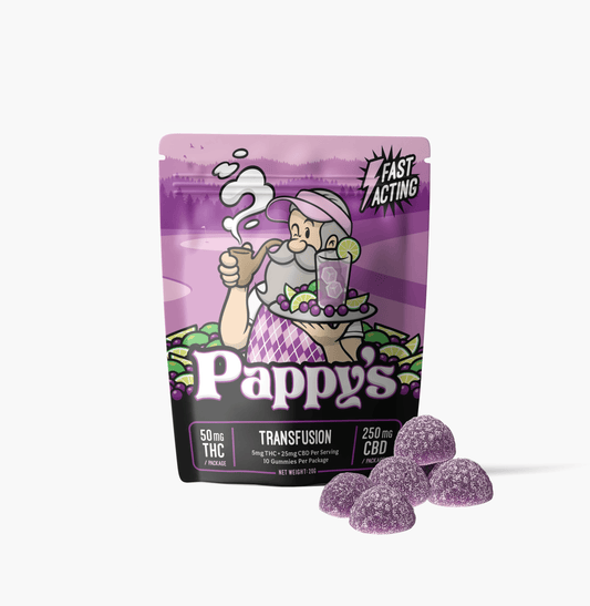 Pappy’s Transfusion THC gummy bag with purple gummies displayed in front